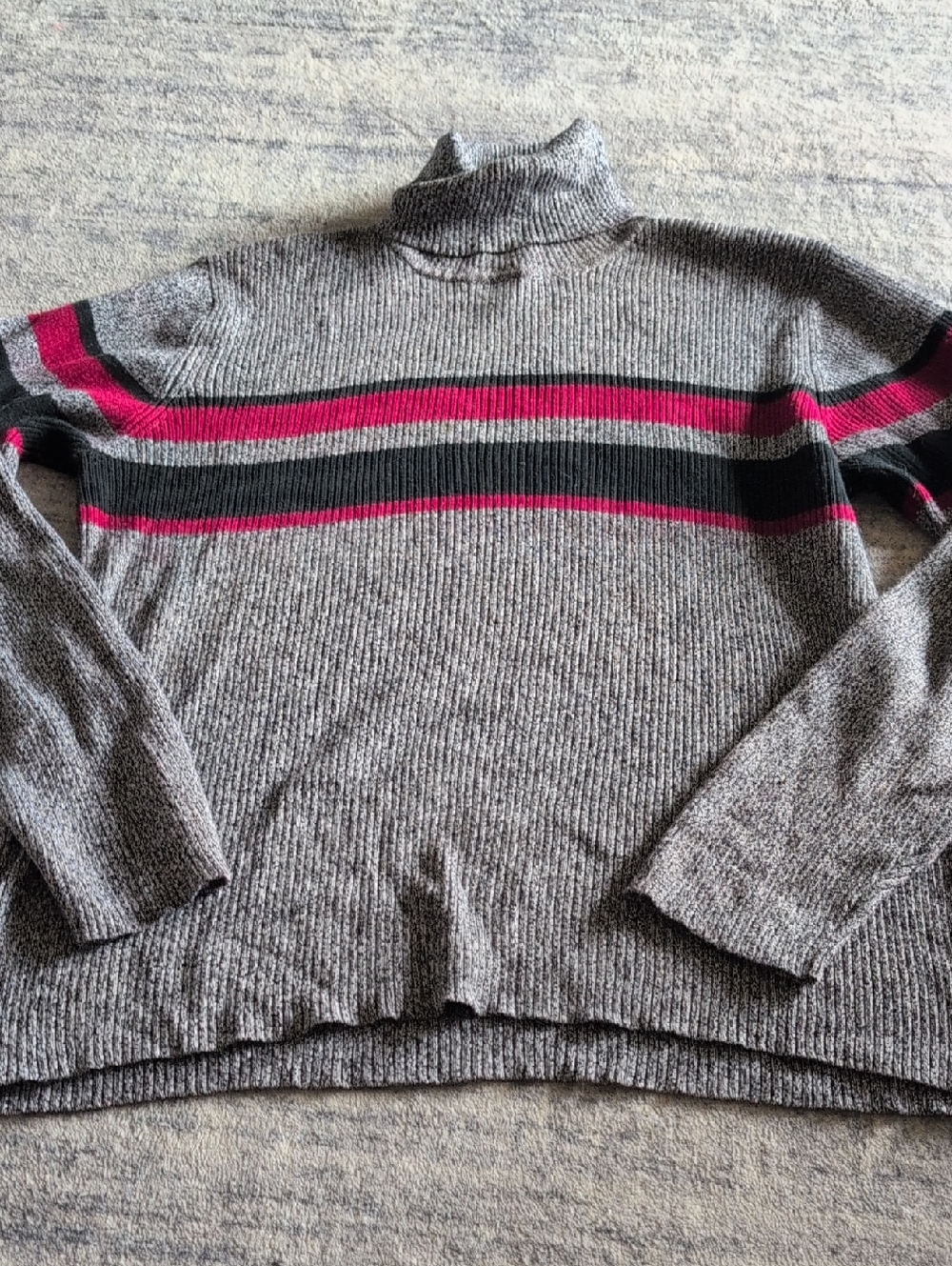 Relaxed Gray Turtleneck Sweater with Red & Black Stripes